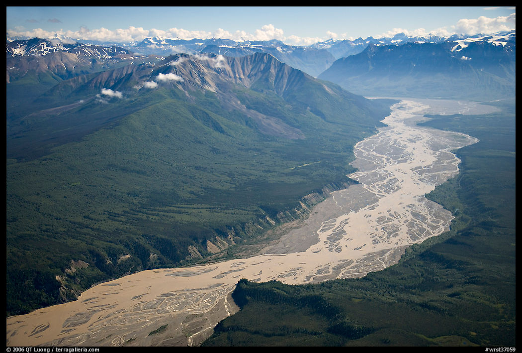 Aerial view of valley with wide braided river. Wrangell-St Elias National Park, Alaska, USA.