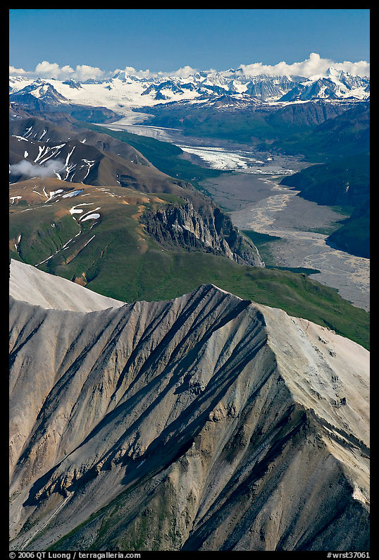 Aerial view of Nizina River and Glacier. Wrangell-St Elias National Park, Alaska, USA.