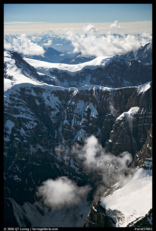 Aerial view of steep rock mountain faces. Wrangell-St Elias National Park