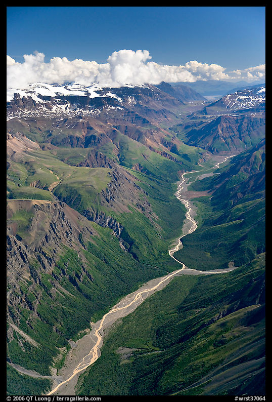 Aerial view of verdant river valley. Wrangell-St Elias National Park, Alaska, USA.