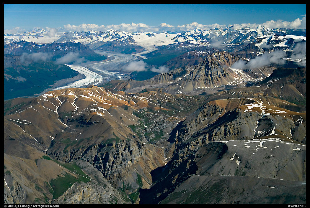 Aerial view of Chitistone Mountains and Nizina Glacier. Wrangell-St Elias National Park, Alaska, USA.
