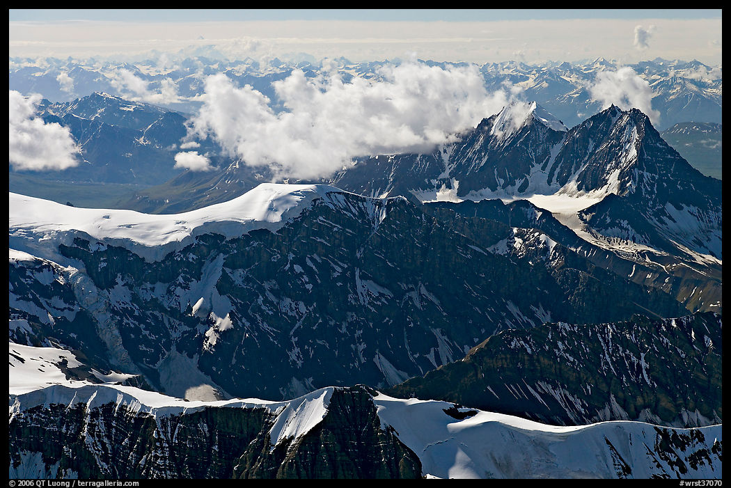 Aerial view of rugged dark peaks, Saint Elias Mountains. Wrangell-St Elias National Park
