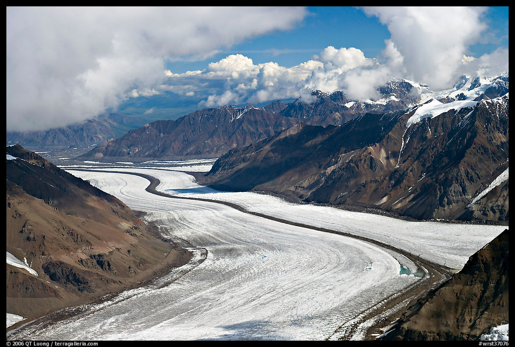 Aerial view of Barnard Glacier and median moraine. Wrangell-St Elias National Park, Alaska, USA.