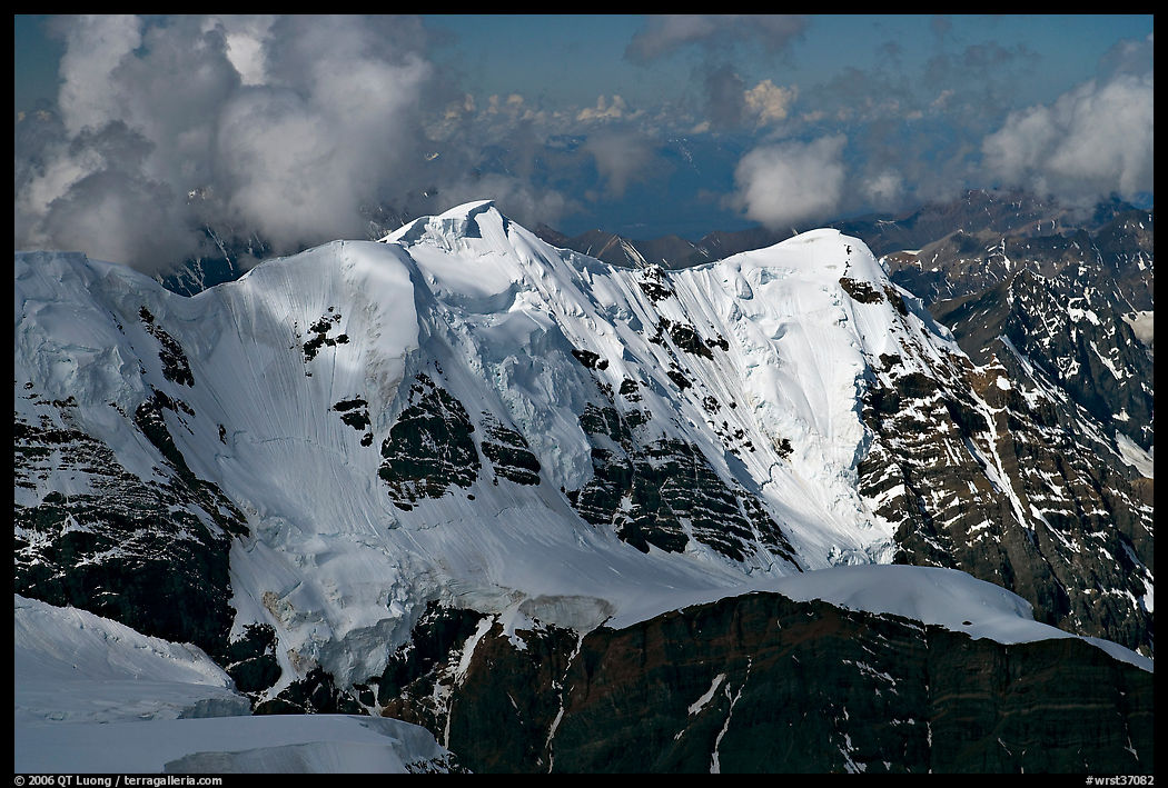 Aerial view of peak with seracs and hanging glaciers, University Range. Wrangell-St Elias National Park