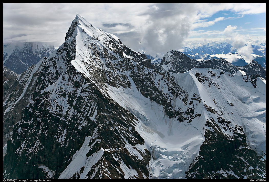 Aerial view of pointed icy peak, University Range. Wrangell-St Elias National Park