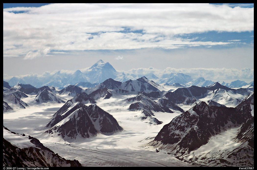 Aerial view of Granite Range with Mt St Elias in background. Wrangell-St Elias National Park, Alaska, USA.