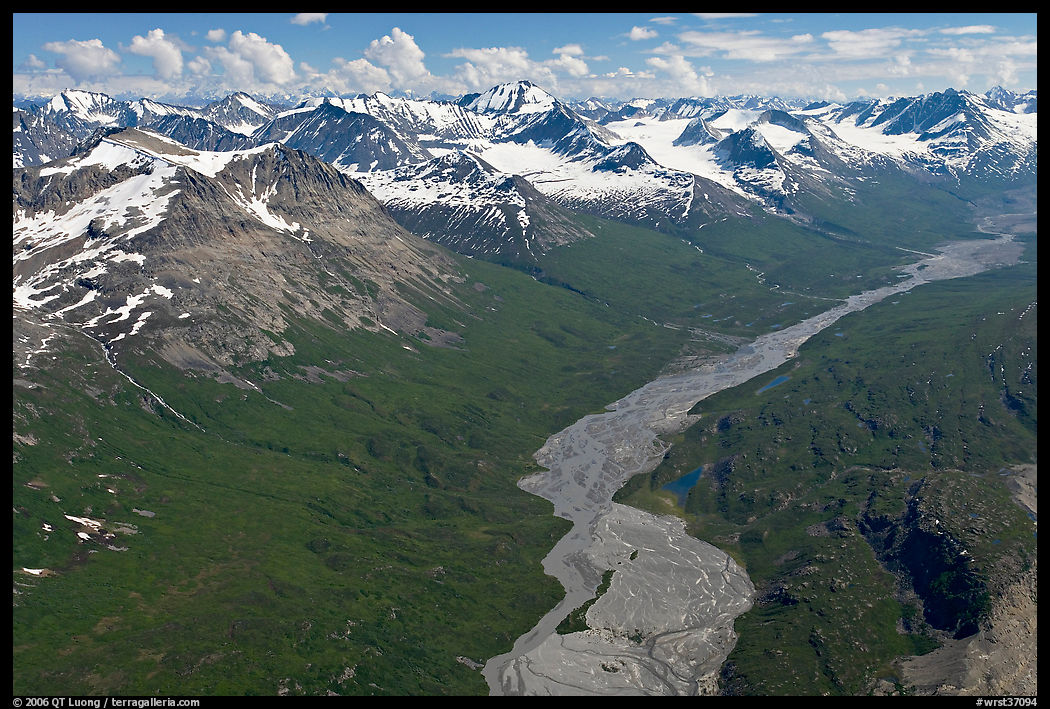 Aerial view of Granite Creek. Wrangell-St Elias National Park, Alaska, USA.