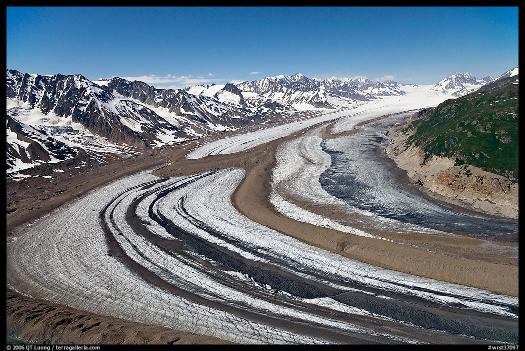 Aerial view of curving glacier near Bagley Field. Wrangell-St Elias National Park, Alaska, USA.
