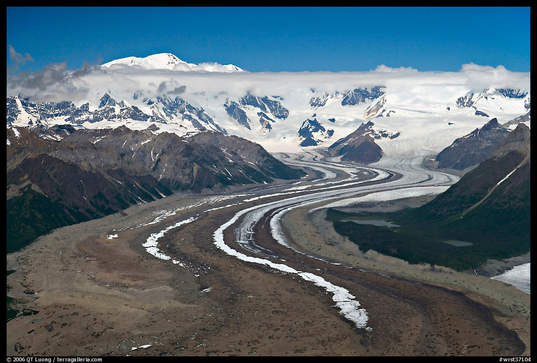 Aerial view of ice bands and moraines of Kennicott Glacier and Mt Blackburn. Wrangell-St Elias National Park, Alaska, USA.