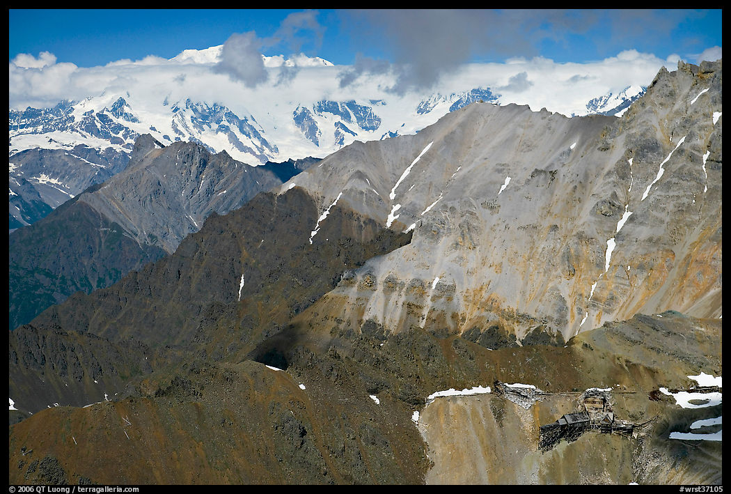 Aerial view of Bonanza Mine on Bonanza Ridge. Wrangell-St Elias National Park, Alaska, USA.
