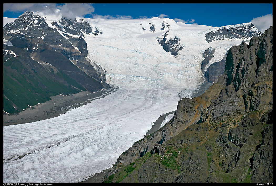 Aerial view of Erie Mine on ridge above Root Glacier. Wrangell-St Elias National Park, Alaska, USA.