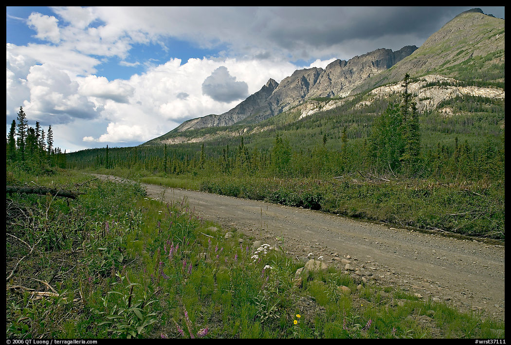 McCarthy road and mountains. Wrangell-St Elias National Park, Alaska, USA.