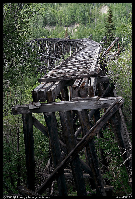 Old railroad bed on Gilahina trestle. Wrangell-St Elias National Park, Alaska, USA.