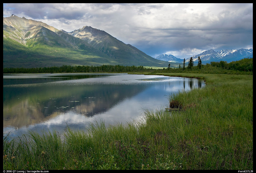 Mountains reflected in lake. Wrangell-St Elias National Park, Alaska, USA.