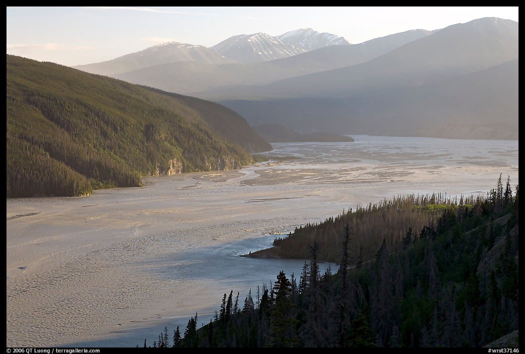Chitina River and Chugach Mountains, late afternoon. Wrangell-St Elias National Park