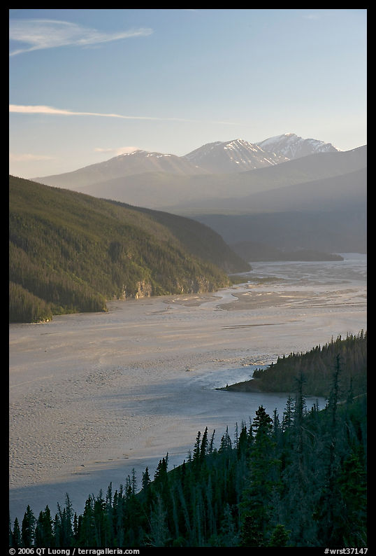 Wide Chitina River and Chugach Mountains. Wrangell-St Elias National Park, Alaska, USA.