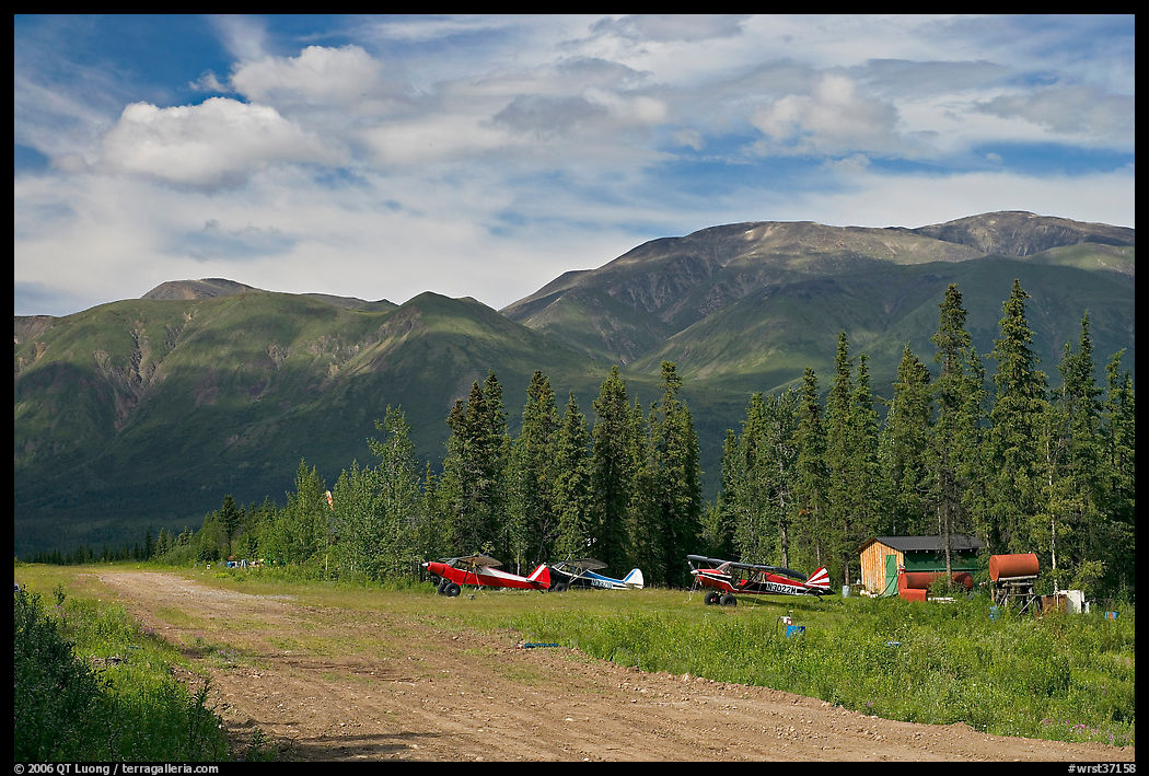 Airstrip and bush planes. Wrangell-St Elias National Park, Alaska, USA.