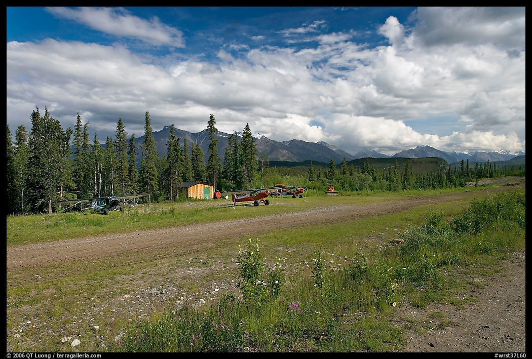 Airstrip at the end of Nabesna Road. Wrangell-St Elias National Park, Alaska, USA.