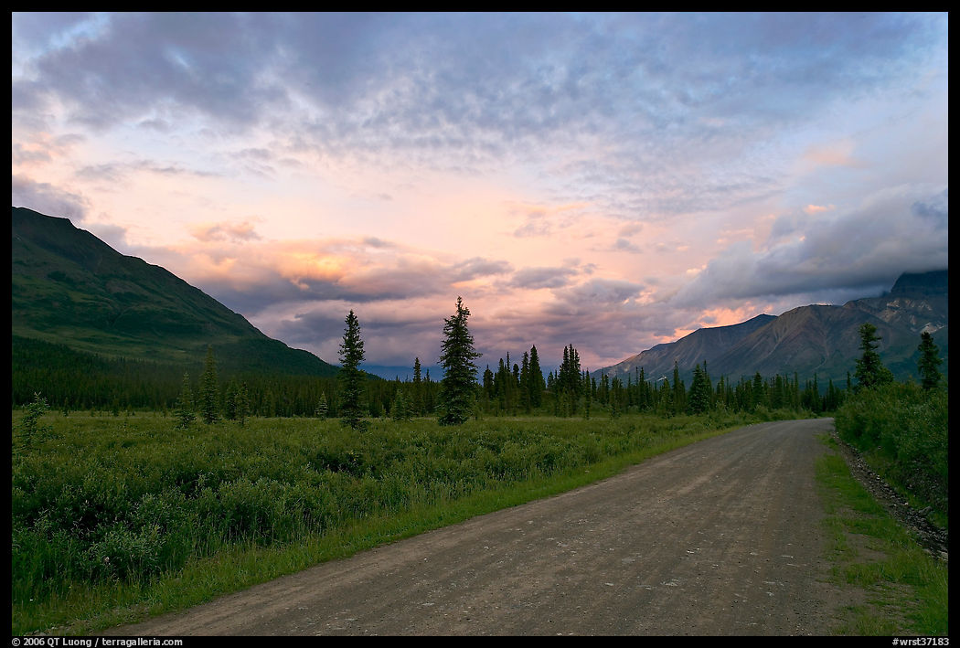 Nabena road at sunset. Wrangell-St Elias National Park, Alaska, USA.