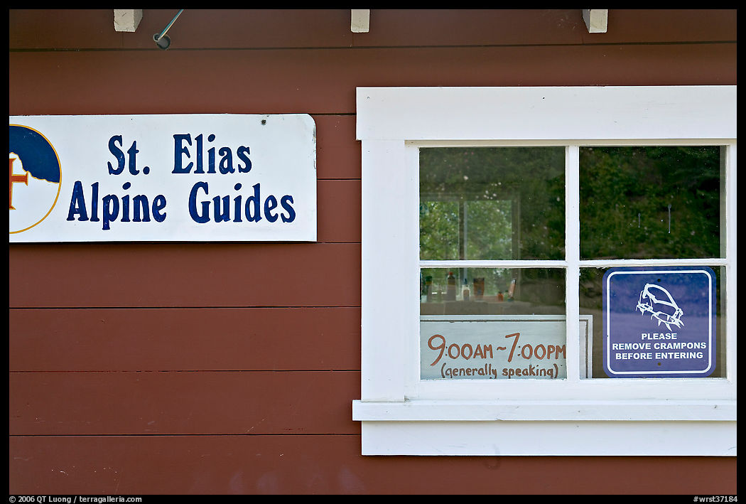 Mountain guide office with interesting signs. Wrangell-St Elias National Park, Alaska, USA.