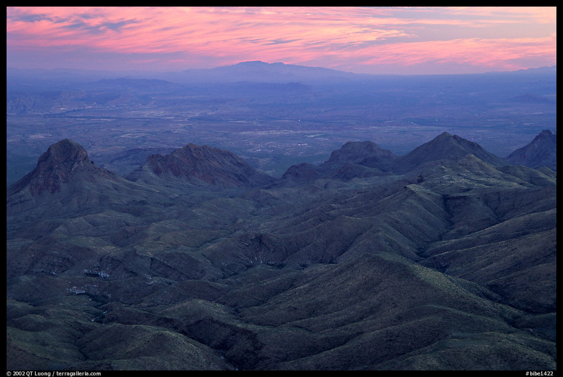 View from South Rim over bare mountains, sunset. Big Bend National Park, Texas, USA.