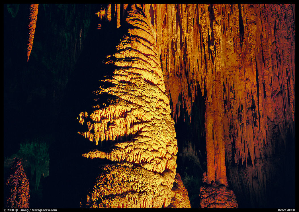 Large stalagmite column and thin stalagtites. Carlsbad Caverns National Park, New Mexico, USA.