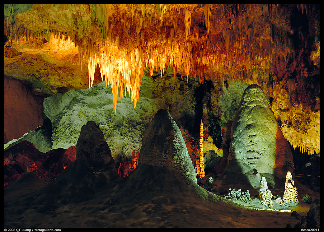 Stalagtite chandelier and stubby stalagmites. Carlsbad Caverns National Park