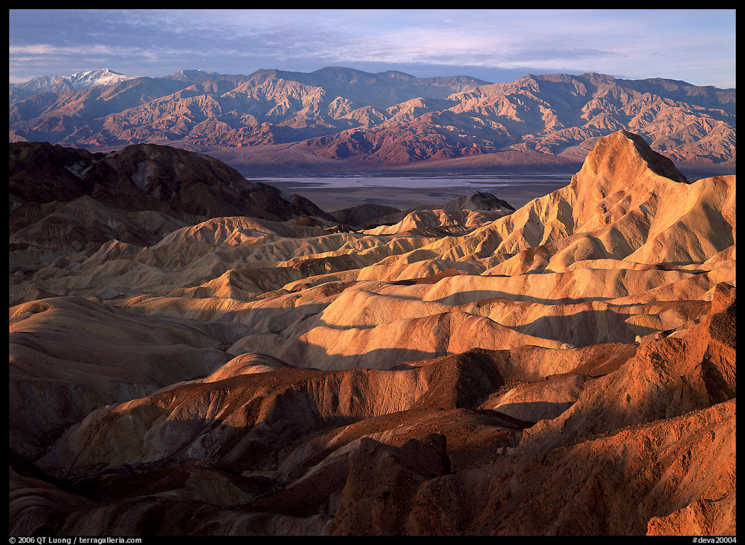 Badlands, Valley, and Telescope Peak from Zabriskie Point, winter sunrise. Death Valley National Park, California, USA.