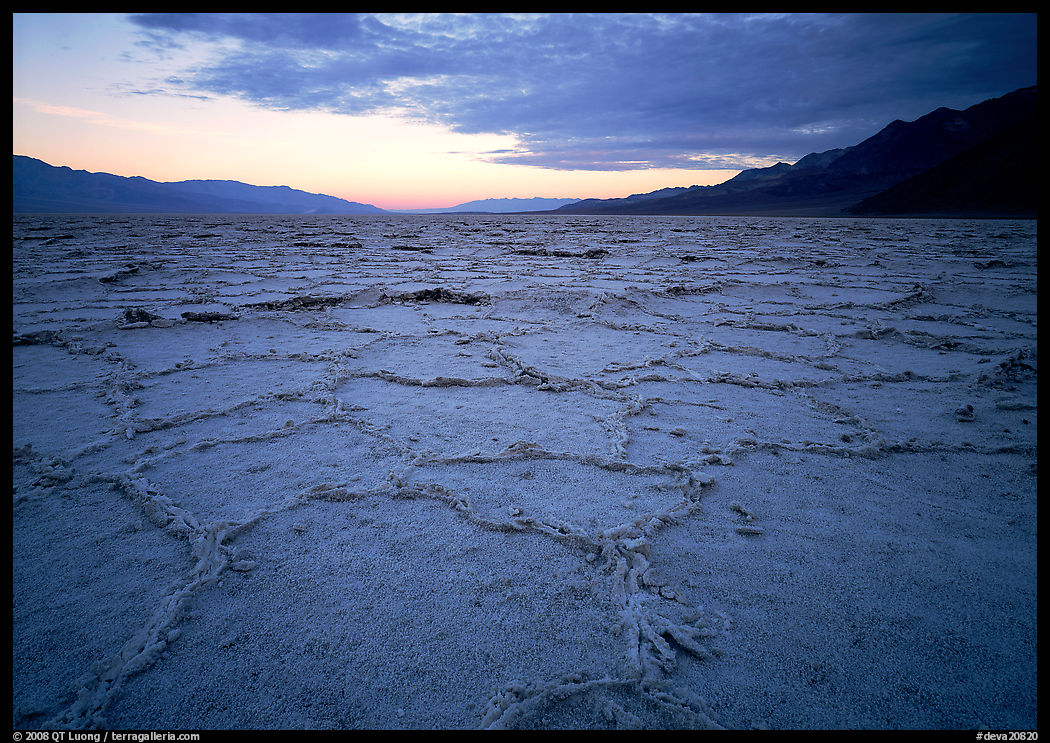 Hexagonal salt tiles near Badwater, sunrise. Death Valley National Park, California, USA.