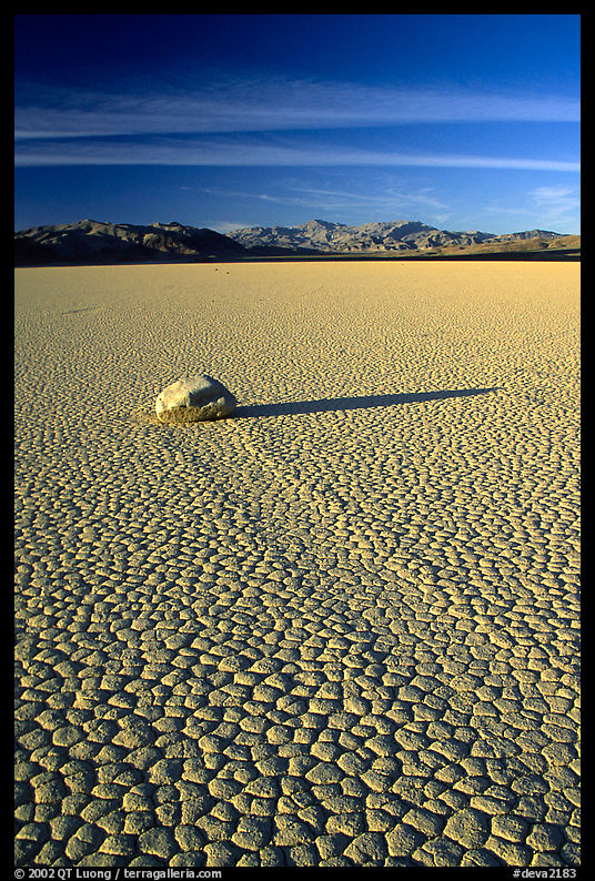 Tracks, moving rock on the Racetrack playa, late afternoon. Death Valley National Park, California, USA.