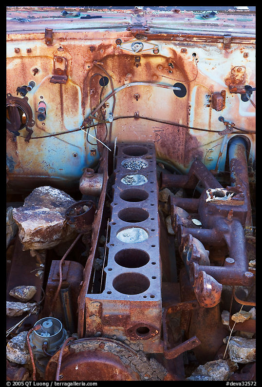Engine of rusted car near Aguereberry camp. Death Valley National Park, California, USA.