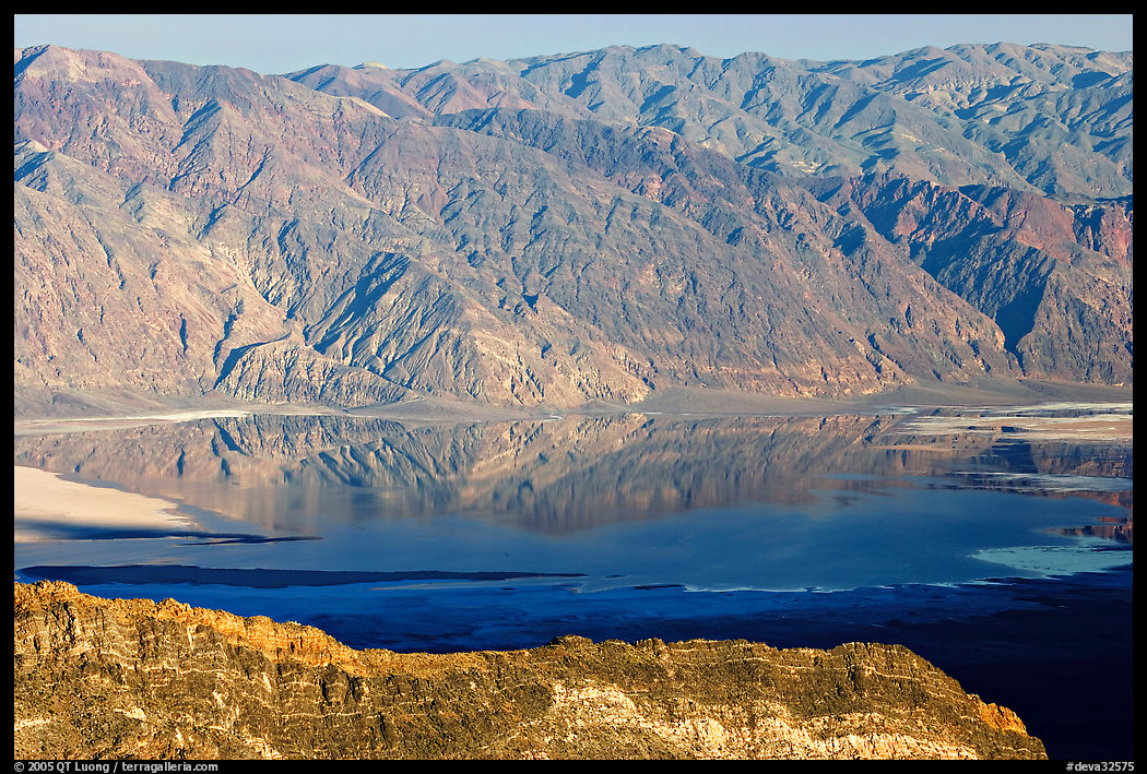 Flooded Death Valley floor at Badwater, seen from Aguereberry point, late afternoon. Death Valley National Park, California, USA.