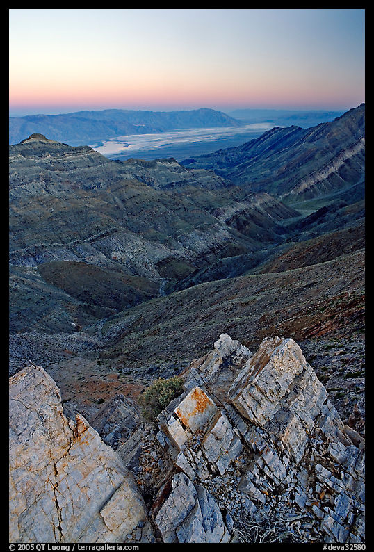Rocks, canyon and Death Valley from Aguereberry point, sunset. Death Valley National Park