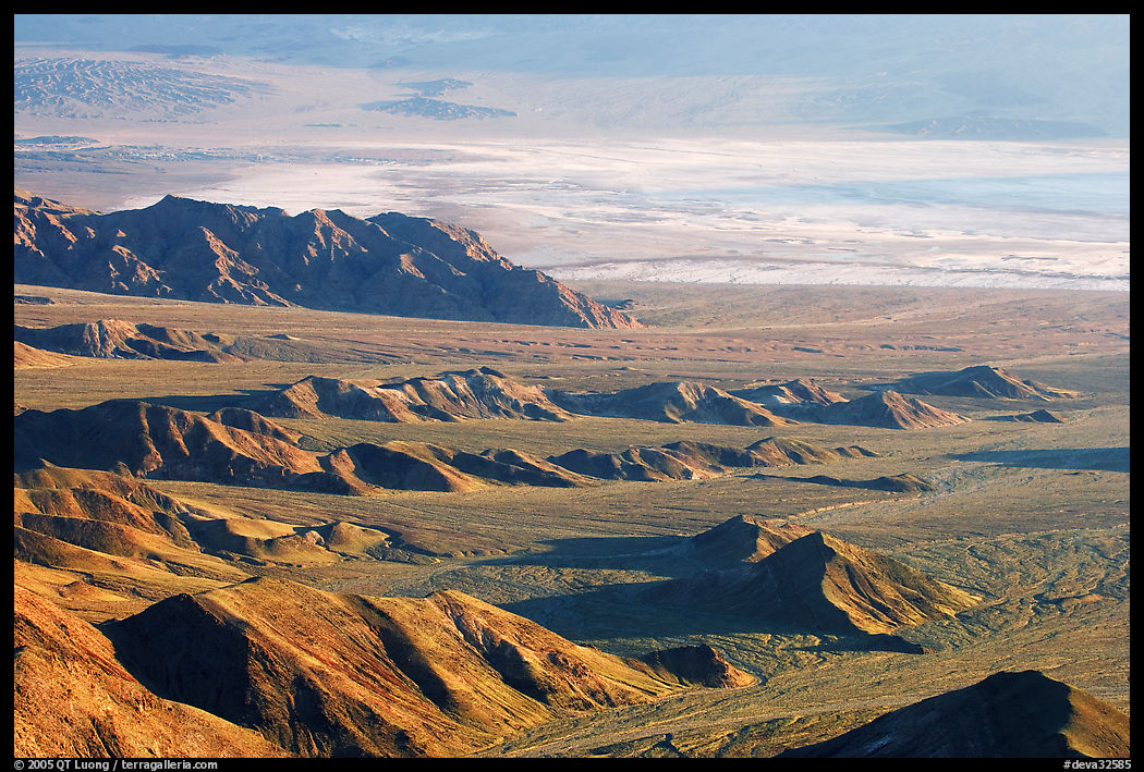 Eroded hills and salt pan from Aguereberry point, early morning. Death Valley National Park, California, USA.