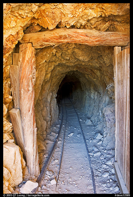 Entrance to a abandoned gallery of Cashier mine, morning. Death Valley National Park, California, USA.