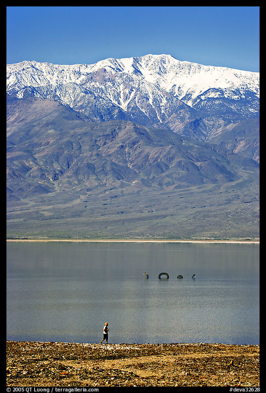 Visitor, ephemeral Loch Ness Monster in Manly Lake, and Telescope Peak. Death Valley National Park, California, USA.