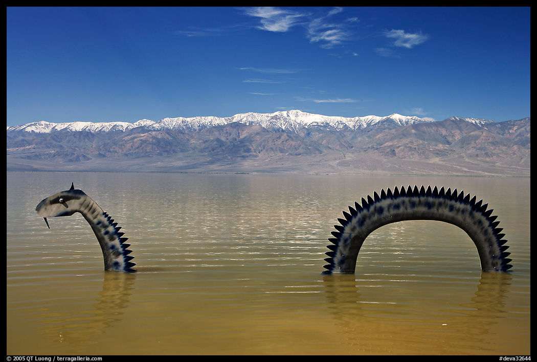 Loch Ness Monster art installation in Manly Lake and Panamint range. Death Valley National Park, California, USA.