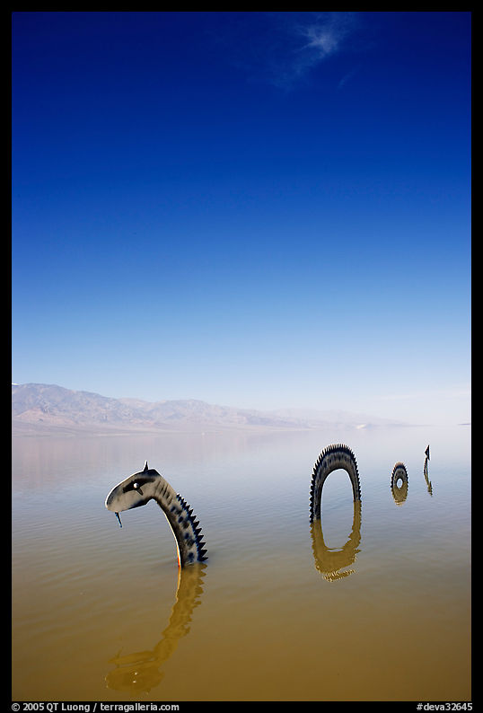 Short lived dragon art installation in rare seasonal lake. Death Valley National Park, California, USA.