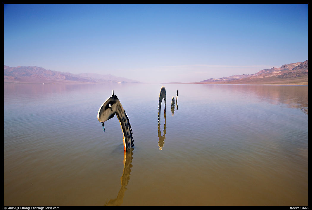 Loch Ness Monster art installation in rarissime seasonal lake. Death Valley National Park, California, USA.