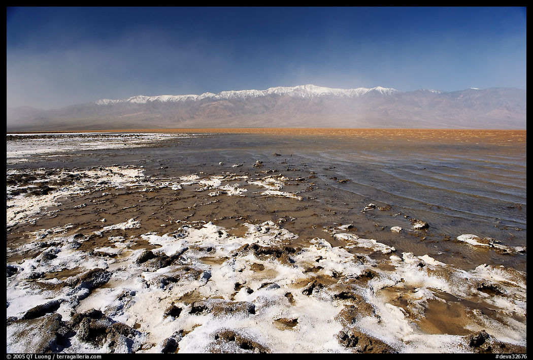 Salt formations and Manly Lake, morning. Death Valley National Park, California, USA.
