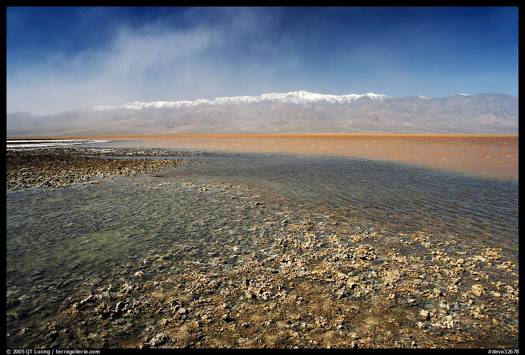 Salt formations on the shore of Manly Lake, morning. Death Valley National Park, California, USA.