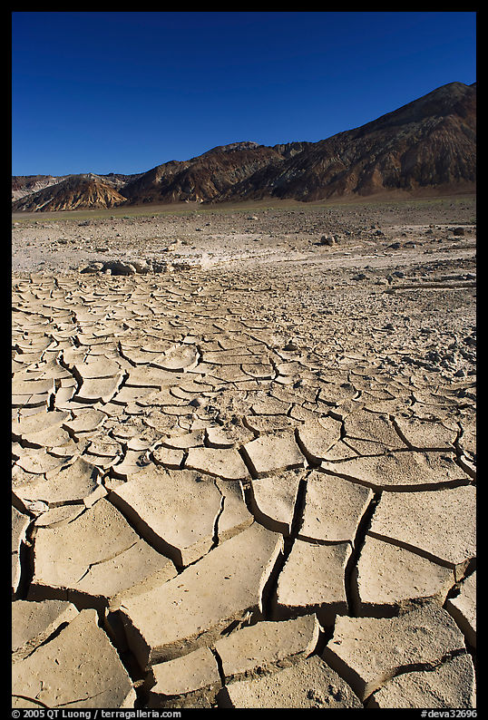 Mud cracks and Funeral mountains. Death Valley National Park, California, USA.