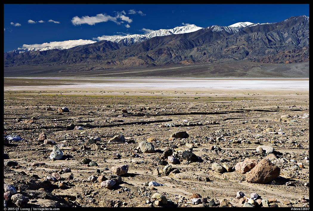 Rock field, salt flats, and Panamint Range, morning. Death Valley National Park, California, USA.