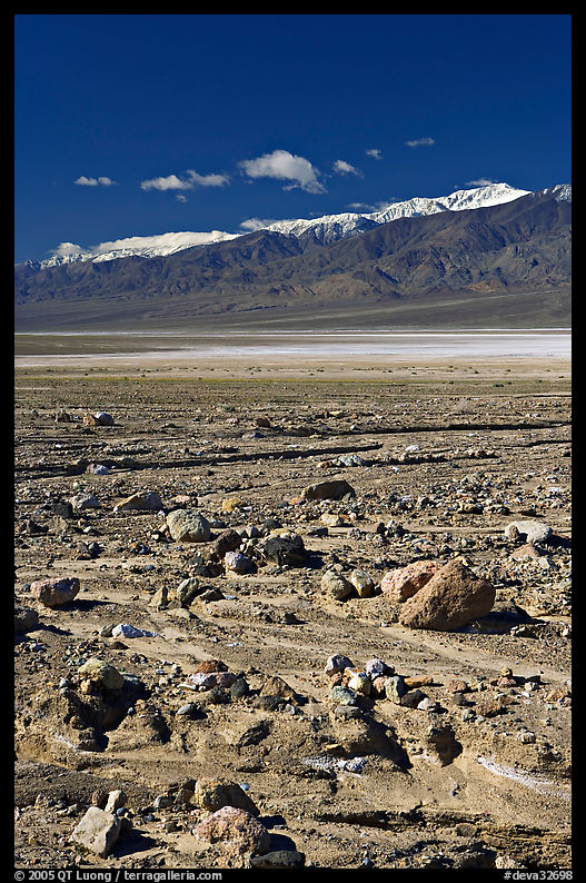 Rock field, salt flats, and Panamint Range, morning. Death Valley National Park, California, USA.