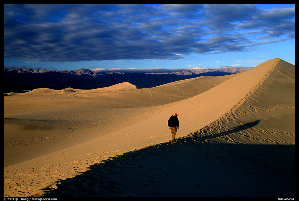 Hiking towards tall dune, the Mesquite Dunes, sunrise. Death Valley National Park, California, USA.