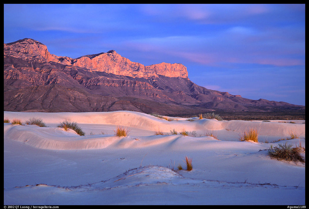 Gypsum white dunes and cliffs of Guadalupe range at dusk. Guadalupe Mountains National Park, Texas, USA.