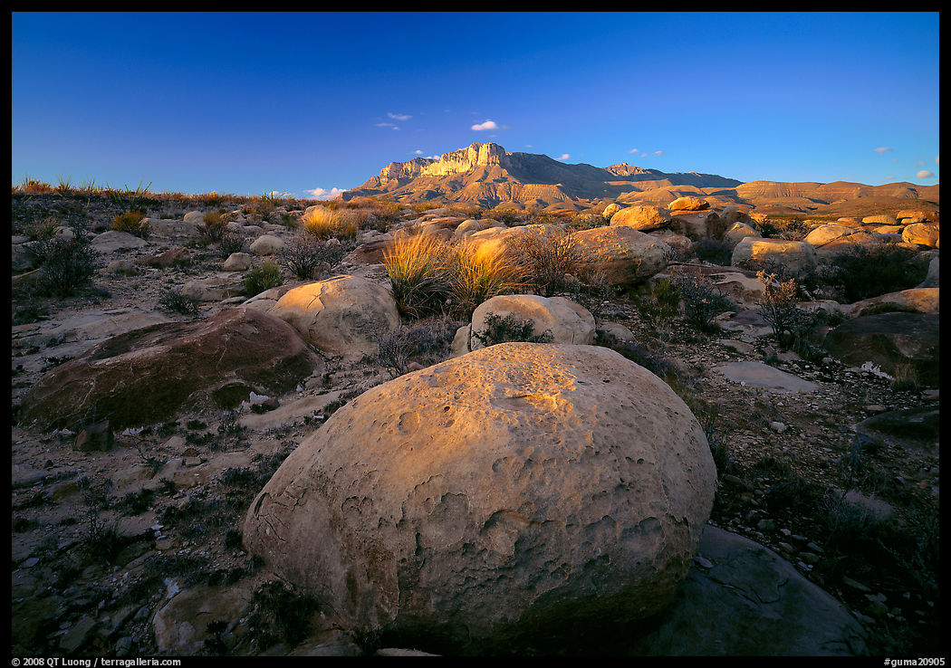Boulders and Guadalupe range at sunset. Guadalupe Mountains National Park