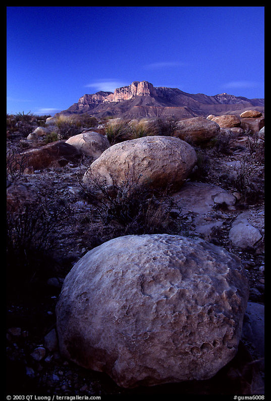 Limestone boulders and El Capitan from the South, dusk. Guadalupe Mountains National Park