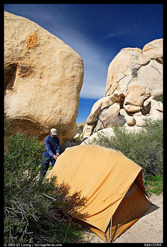 Camper and tent, Hidden Valley Campground. Joshua Tree  National Park, California, USA.