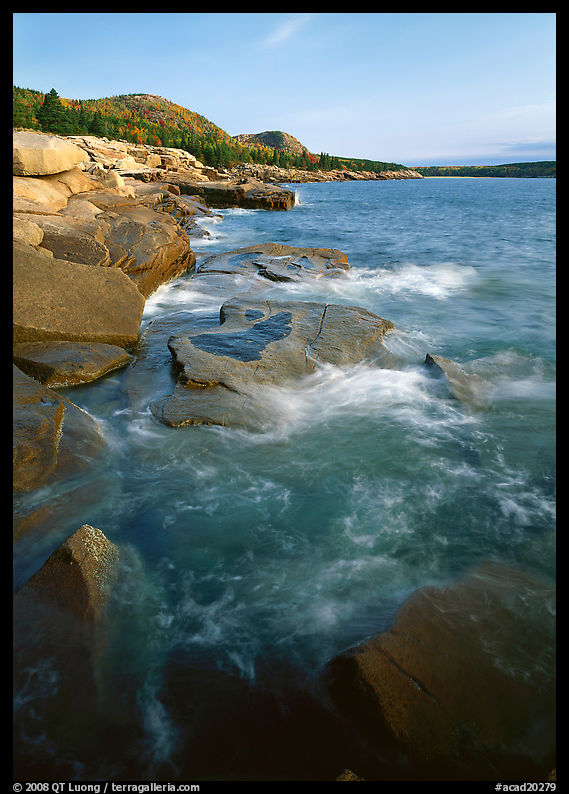 Pink granite slabs on the coast near Otter Point, morning. Acadia National Park